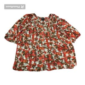 Maggie Barnes Red Brown Blouse Floral Button Up V-neck Top Band Collar Size 3X
